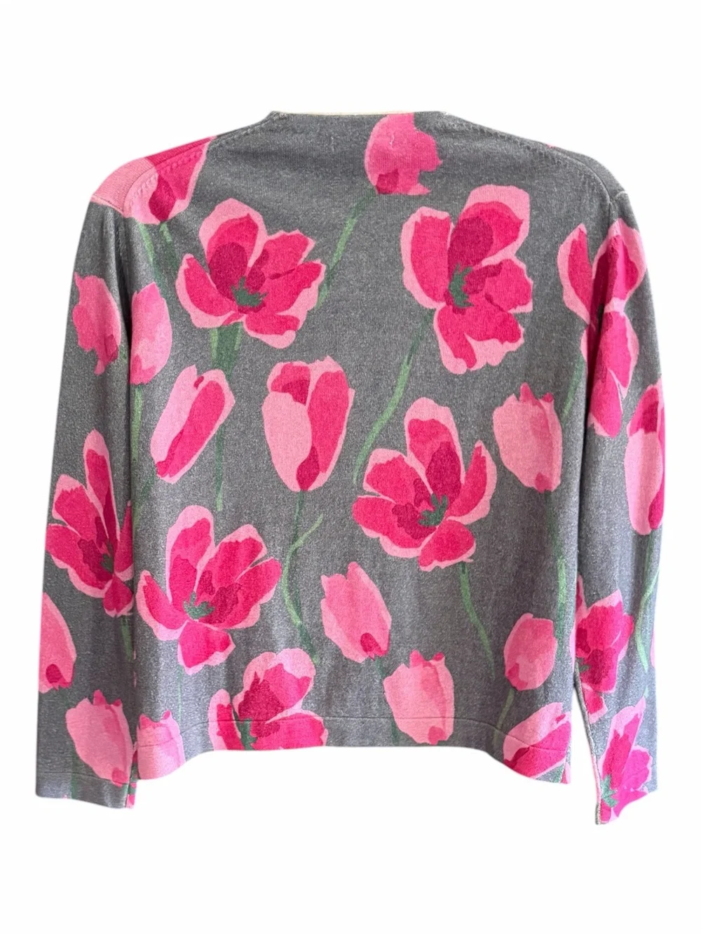 FRANCES VALENTINE Darling Cardigan Dutch Tulip Gray Pink Floral Sweater S - Picture 3 of 14